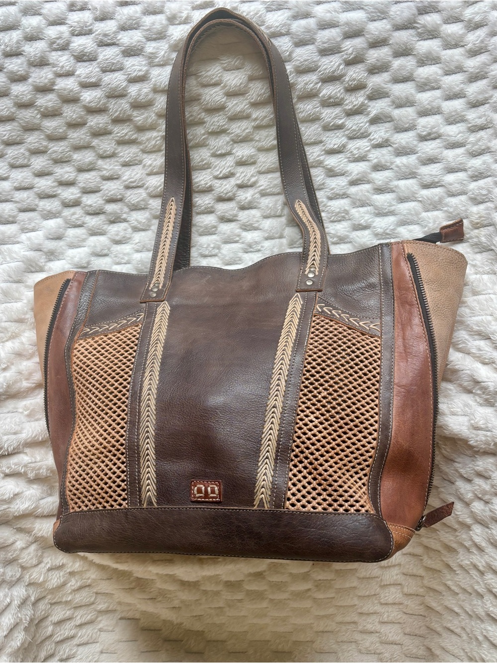 BED|STU Brown Leather Tote Bag Boho Expandable Mesh Whipstitch Unique Statement
